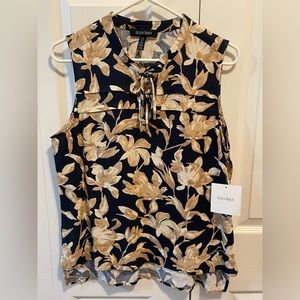 Ellen Tracy Linen & Viscose Sleeveless top Navy and Brown Floral Ties laces nwt